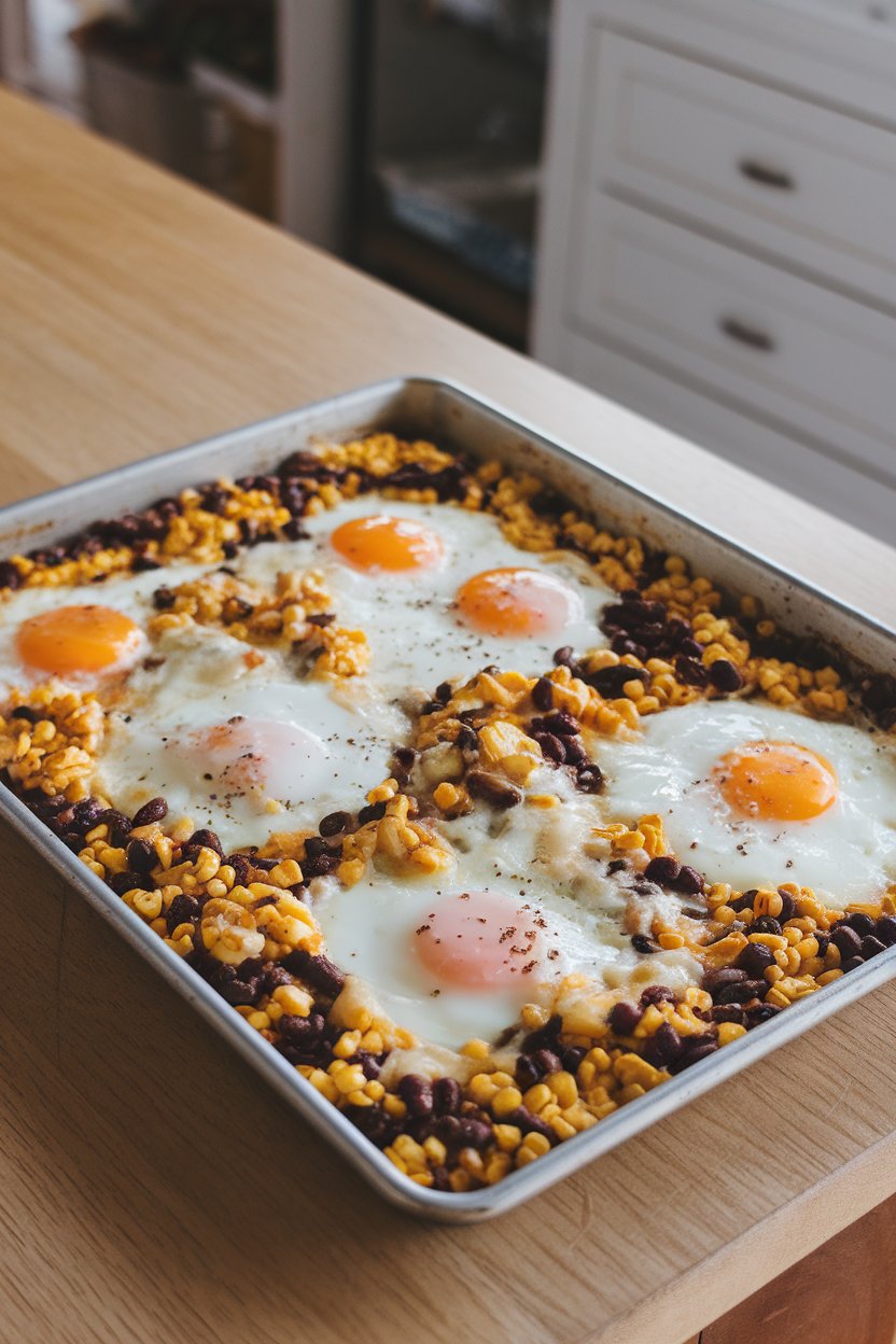 A sheet pan on a wooden counter indoors, featuring baked eggs surrounded by roasted corn, black beans, and melted pepper jack cheese. No text or logos.