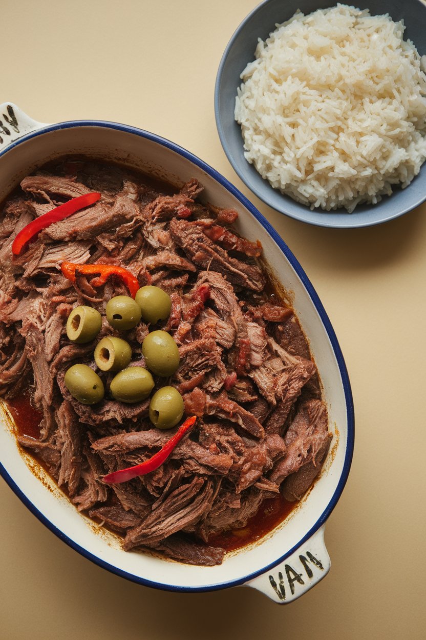 An indoor tabletop showing shredded beef ropa vieja in a shallow dish, garnished with olives and red peppers, alongside white rice. No text or logos. Photo.