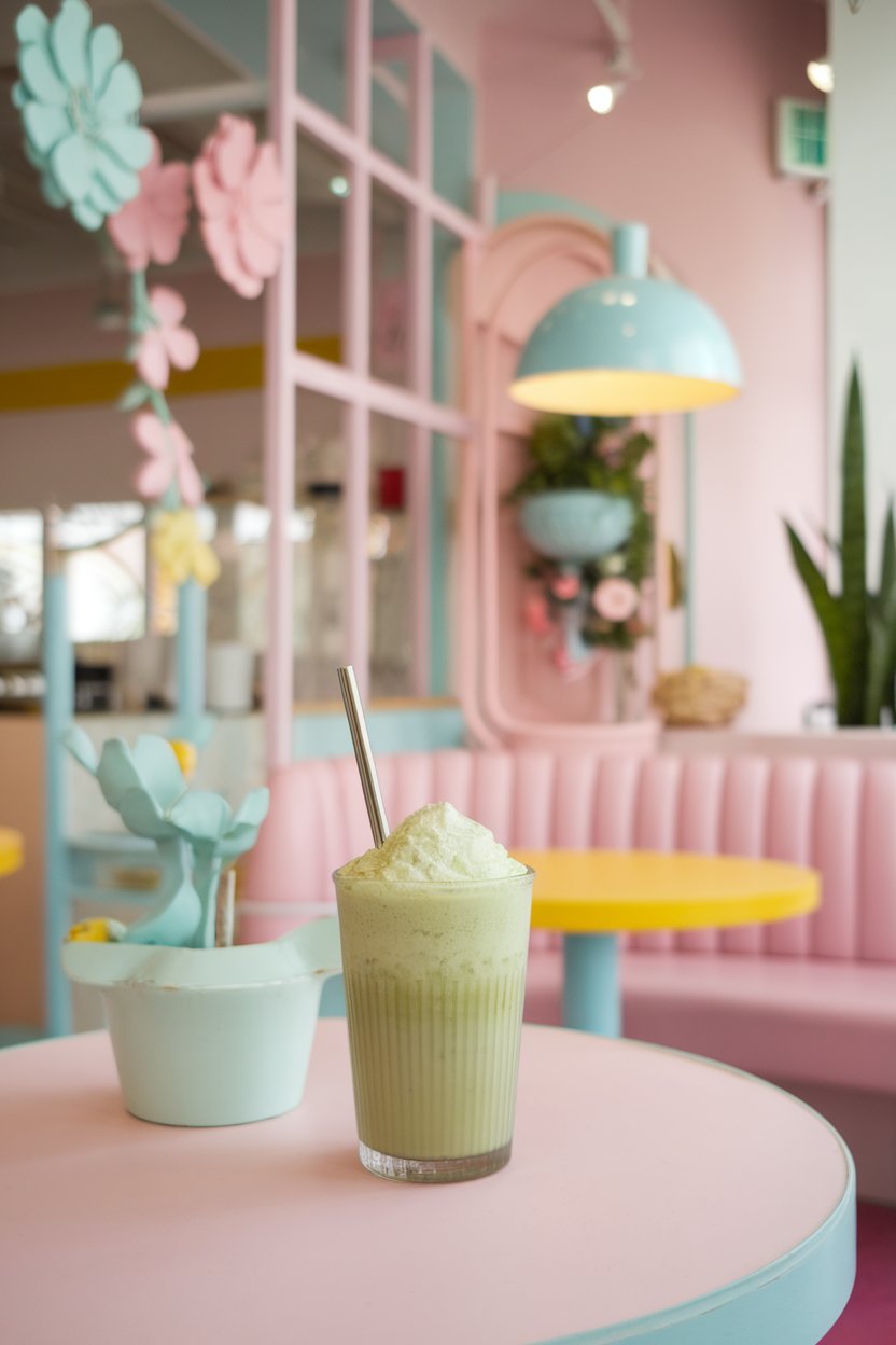 An indoor pastel-themed café with a frosted glass of pale green honeydew matcha frappe, stainless straw inside. No logos or text. Photo.