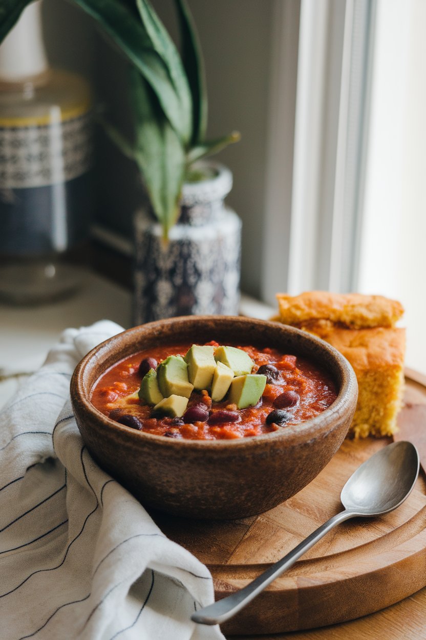 A cozy indoor dining table with a rustic bowl of turkey and black bean chili, topped with diced avocado. Soft window light highlights the rich red broth; no text or logos appear.