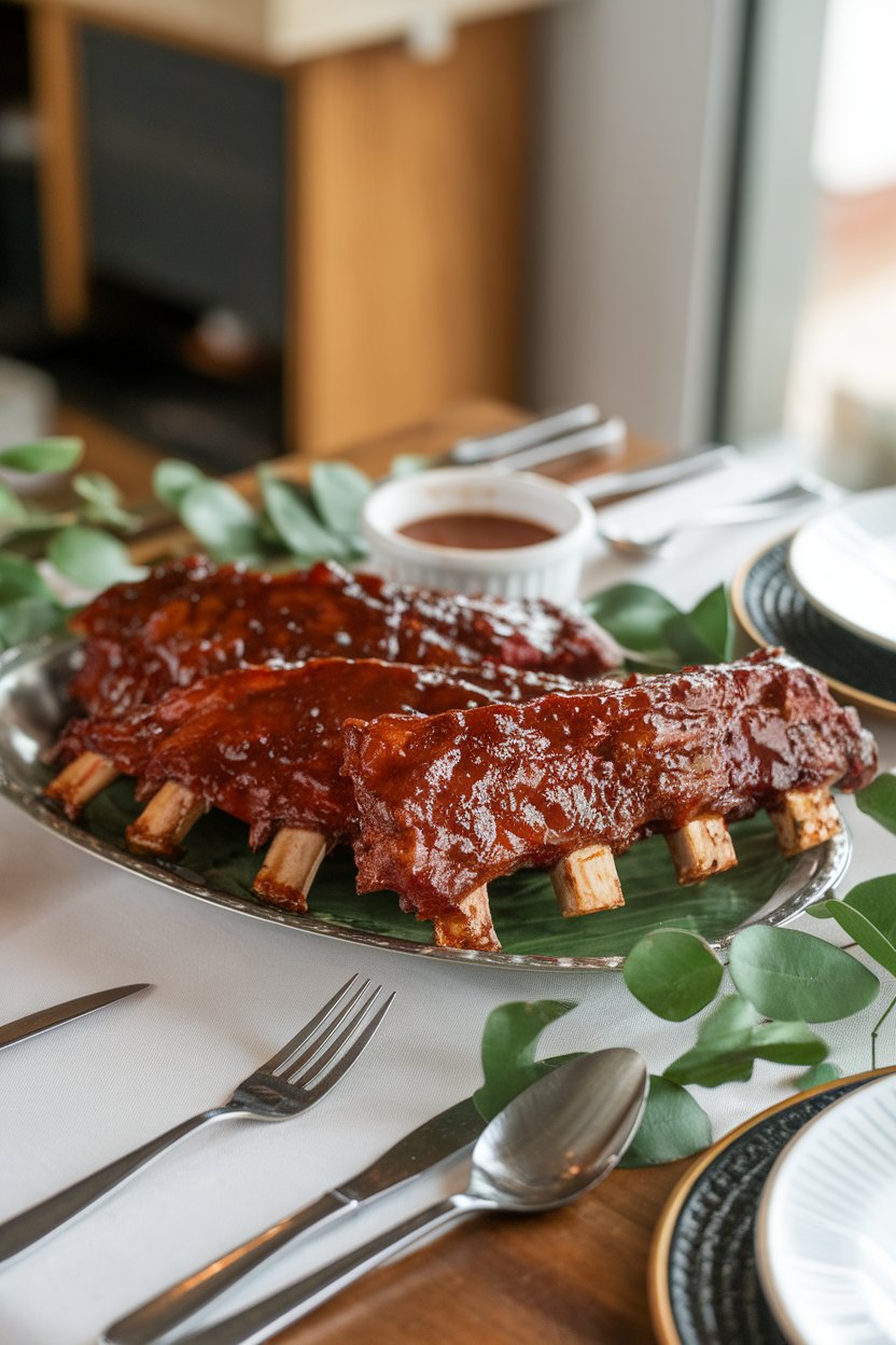 An indoor dining table showing a platter of glazed baby back ribs, meat pulling gently from the bone, with a small bowl of barbecue sauce on the side. No text or logos. Photo, not illustration.