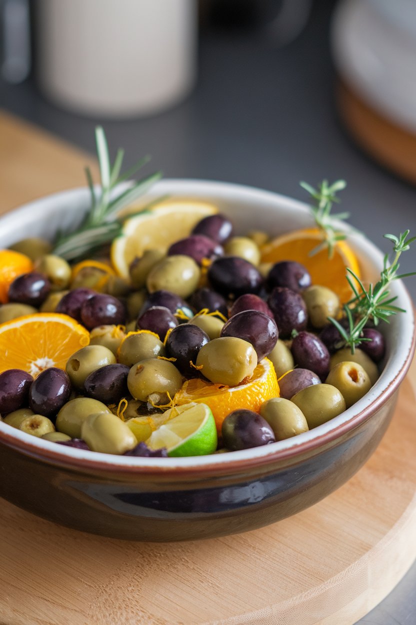Indoor ceramic bowl filled with mixed olives marinated in citrus zest and herbs, no text or logos. Photo only.