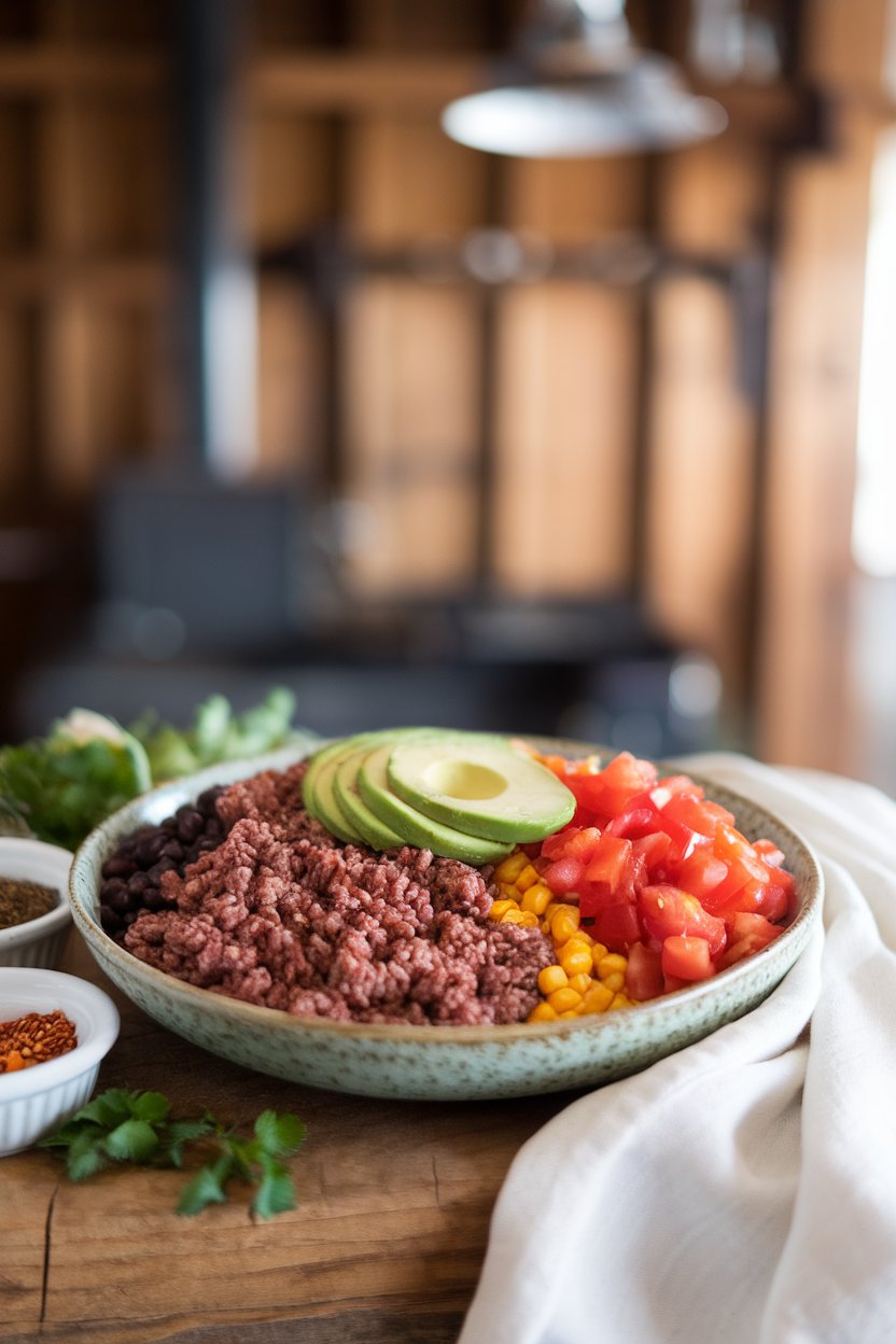 An indoor counter scene featuring a shallow bowl of seasoned lean ground beef, brown rice, black beans, roasted corn, and diced tomatoes topped with sliced avocado. No text or logos shown.