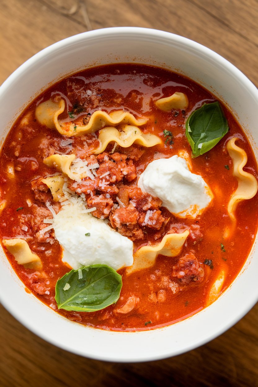 Indoor top-down shot of lasagna soup—broken lasagna noodles, crumbled sausage, ricotta dollops, and fresh basil in a tomato broth. No text or logos. Photo.