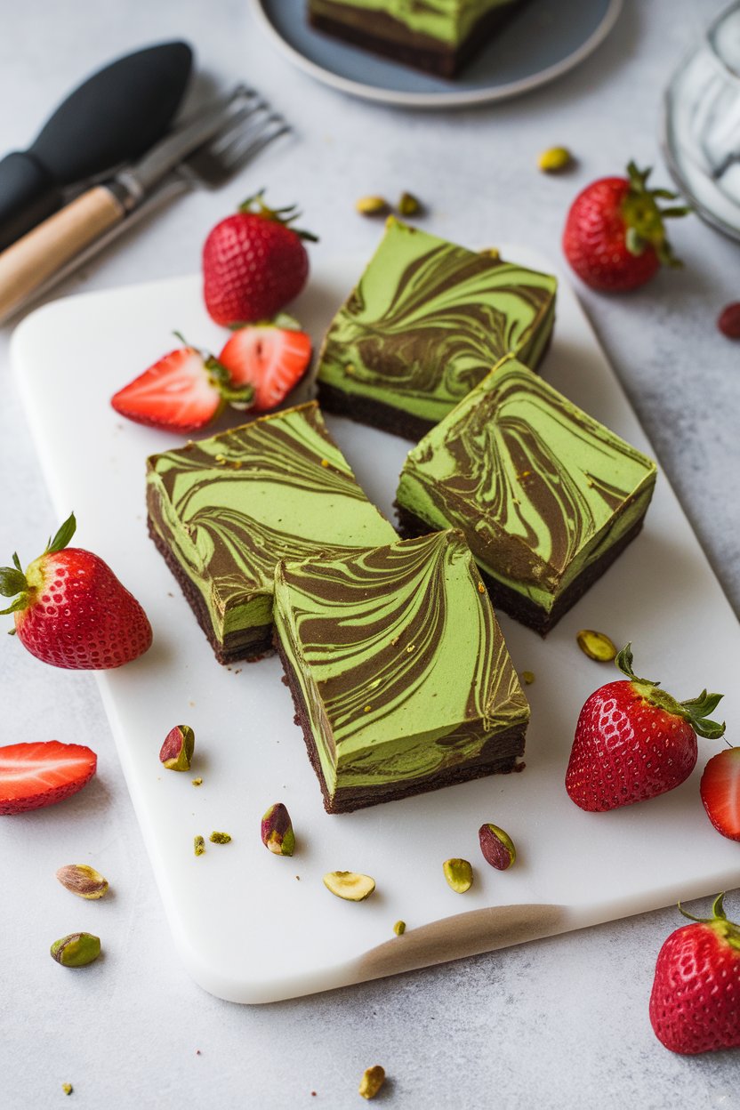 An indoor cutting board with square brownies marbled by bright matcha cheesecake swirls, no text or logos. Photo only.