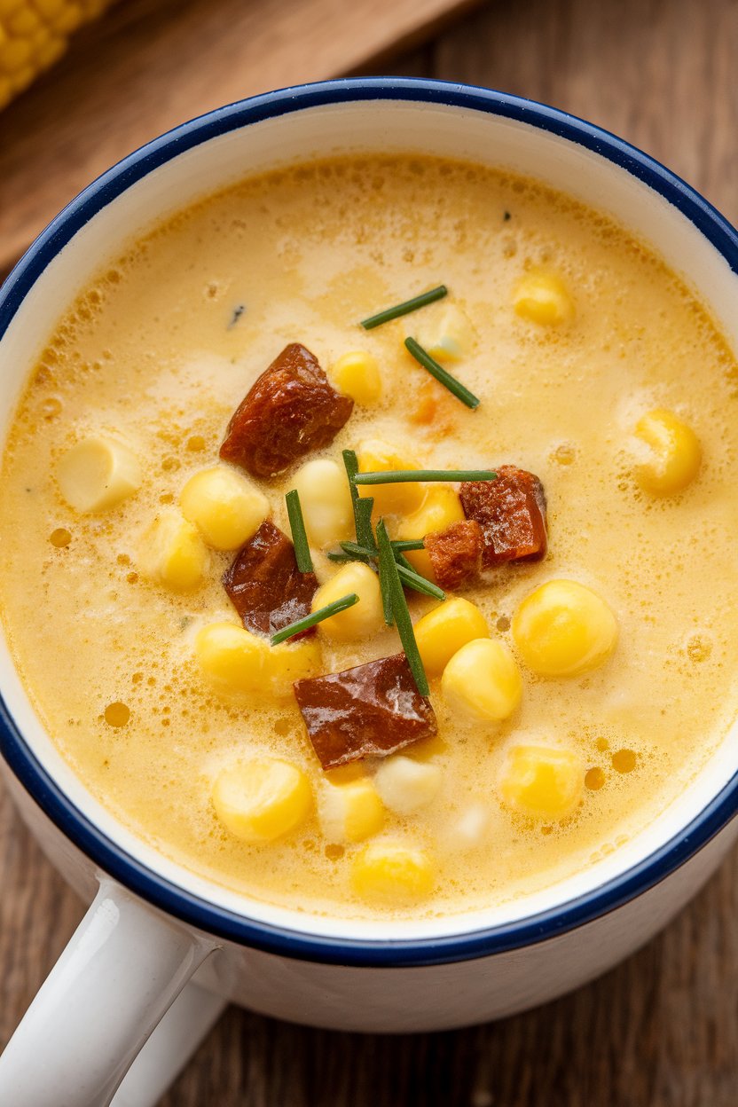 An indoor soup mug filled with creamy corn chowder, roasted poblano bits visible, chives sprinkled. No text or logos.