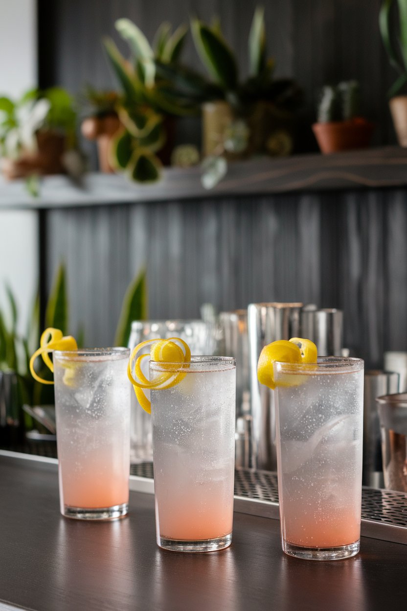 An indoor cocktail bar showing slim glasses of pale-pink French 75s with lemon curls and tiny bubbles racing upward; photo, not illustration; no text or logos.