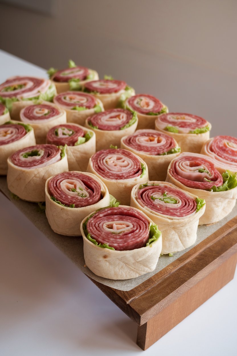 An indoor board lined with tortilla pinwheels showing layers of salami, ham, provolone, and lettuce—no text or logos. Photo, not illustration.