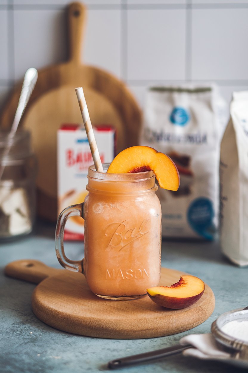 Photo of a mason jar indoors holding frosty peach-colored slush, paper straw and peach slice, casual kitchen counter, no text or logos