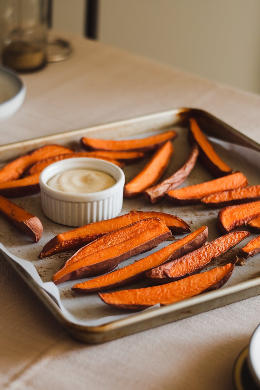 Photo of sweet potato fries roasted to caramelized edges on a baking sheet, paired with a small ramekin of smoky chipotle aioli, all shot on an indoor dining table. No text or logos.