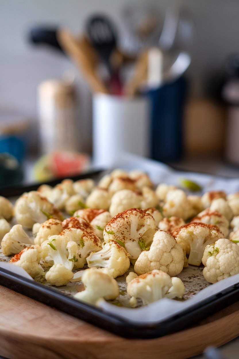 Indoor baking sheet of roasted cauliflower florets dusted with chili powder and lime zest, no text or logos