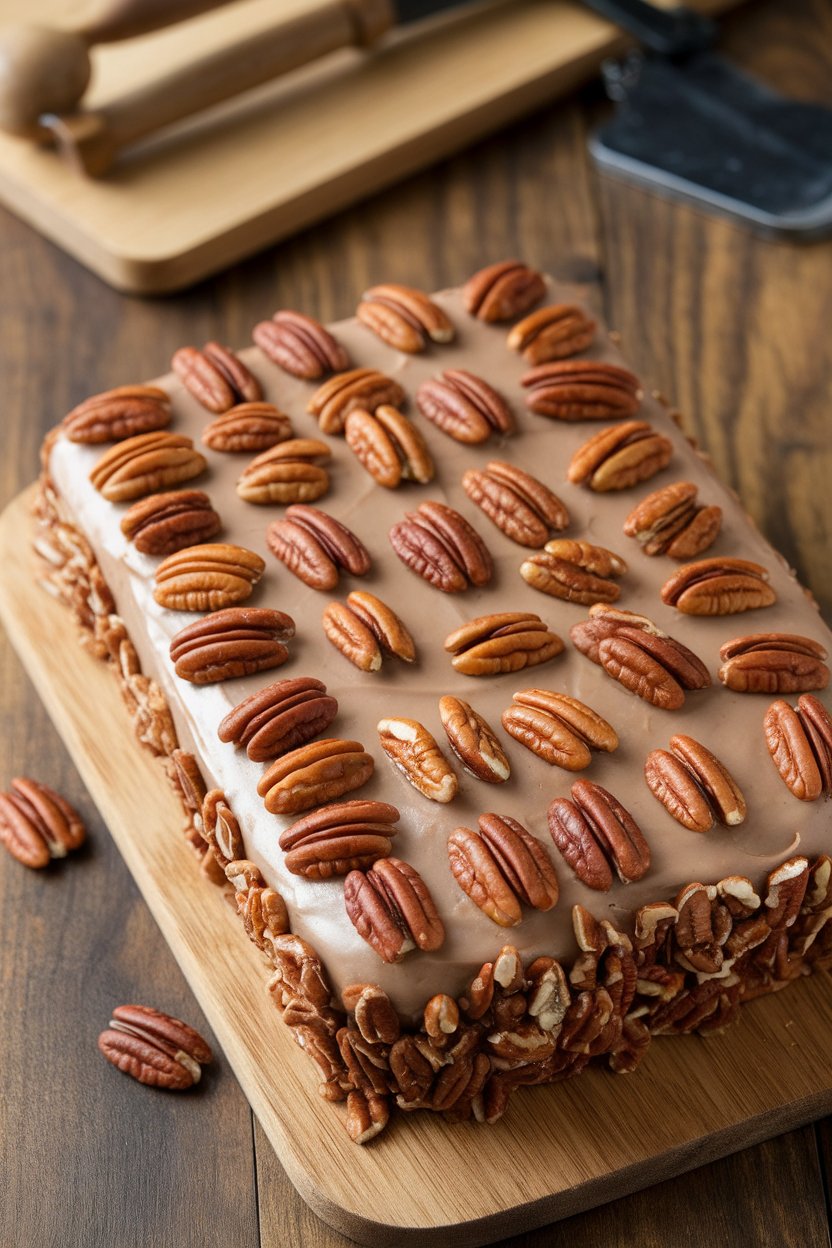 Indoor sheet cake topped with brown-butter icing and pecan halves; no text or logos.