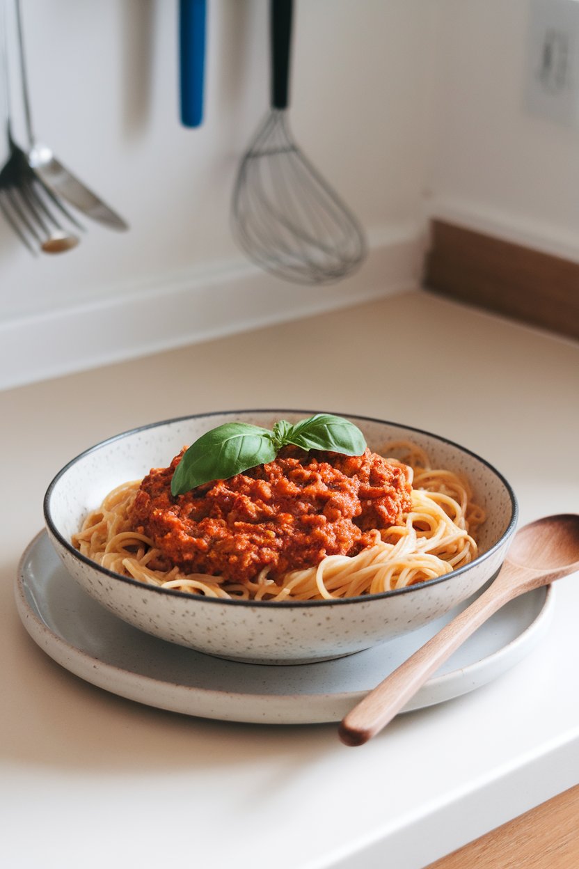 Indoor countertop featuring a bowl of whole-wheat spaghetti topped with chunky turkey bolognese, basil leaf garnish; no text or logos; photo.