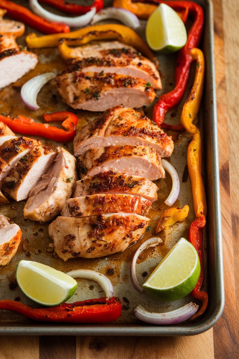 A warmly lit indoor photo of sliced chili-lime chicken, bell peppers, and onions on a sheet pan, garnished with lime wedges. No text or logos.