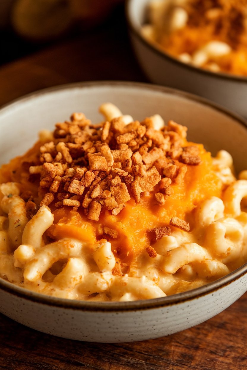 Indoor photo of creamy mac and cheese blended with orange butternut squash purée, topped with toasted panko. Warm lighting; no logos.