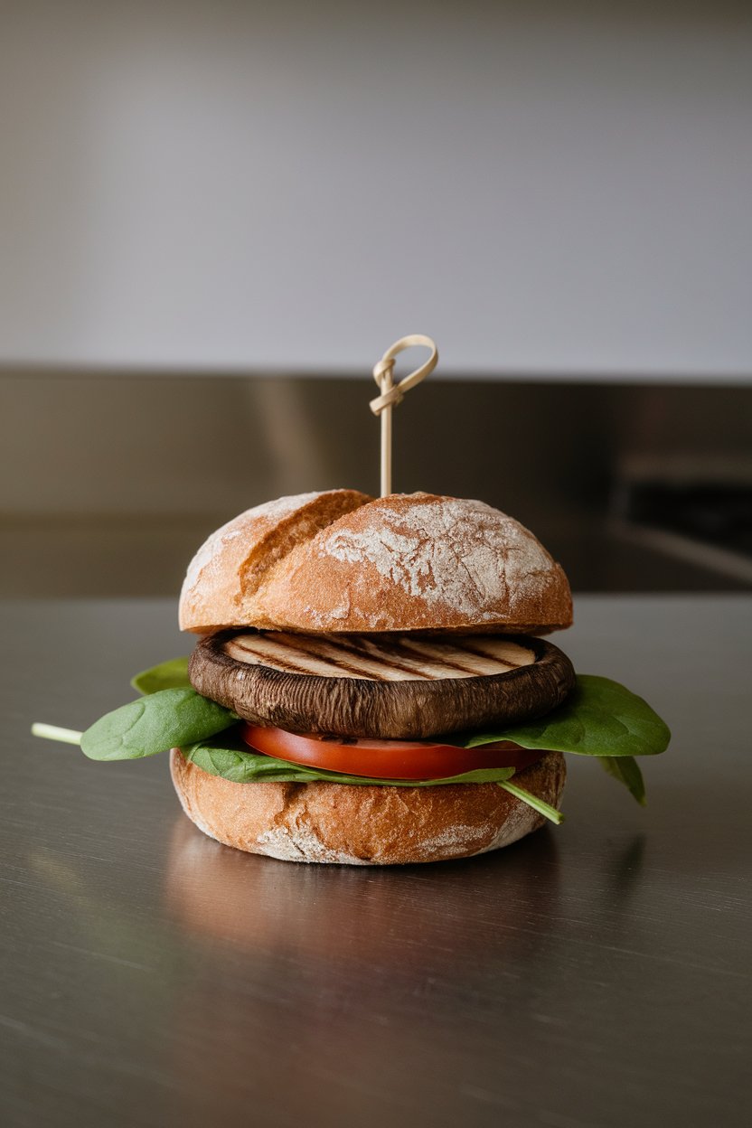 Indoor kitchen counter with a whole-grain bun sandwiching a grilled portobello cap, spinach leaves, and tomato slice, wooden skewer holding it together. No text or logos. Photo only.