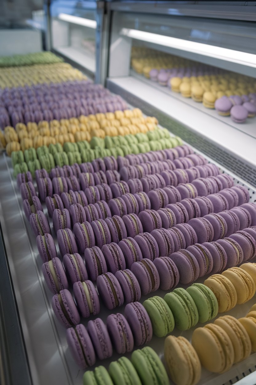 An indoor pastry case with rows of purple, green, and gold French macarons lined up neatly. No text or logos. Photo only.