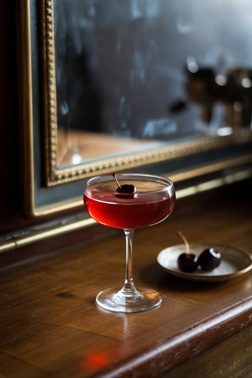 An indoor speakeasy feel with coupe glass of deep-reddish Manhattan, single black cherry sinking, dim light; photo, not illustration; no text or logos.