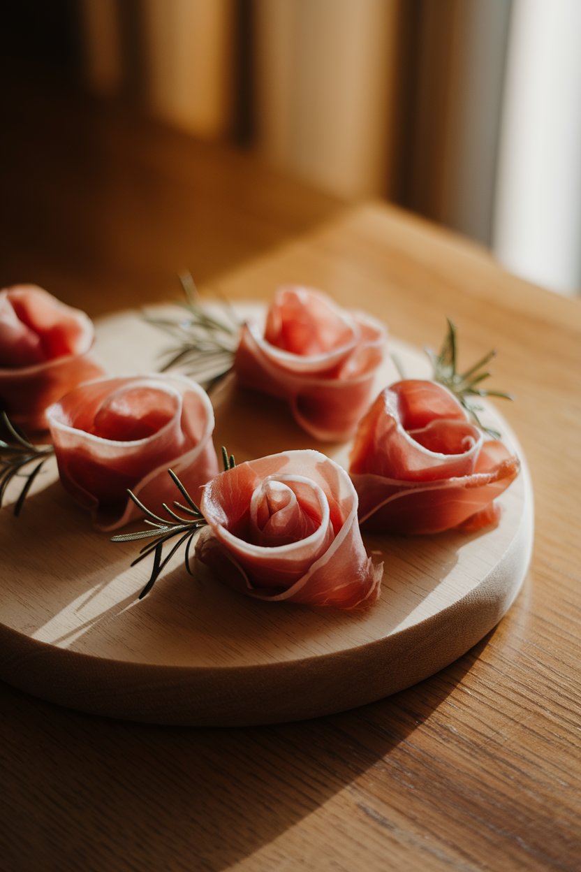 A warmly lit indoor table showing thin slices of prosciutto folded into delicate rose shapes on a wooden board, tiny sprigs of rosemary tucked alongside. Photo, no text or logos.