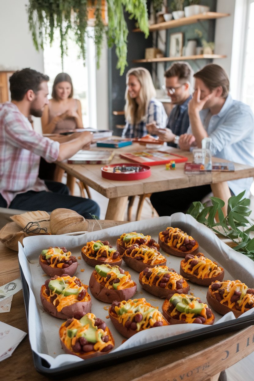Indoor game-night scene with a sheet pan of roasted sweet potato rounds loaded with beans, cheese, and avocado. No text or logos. Photo, not illustration.