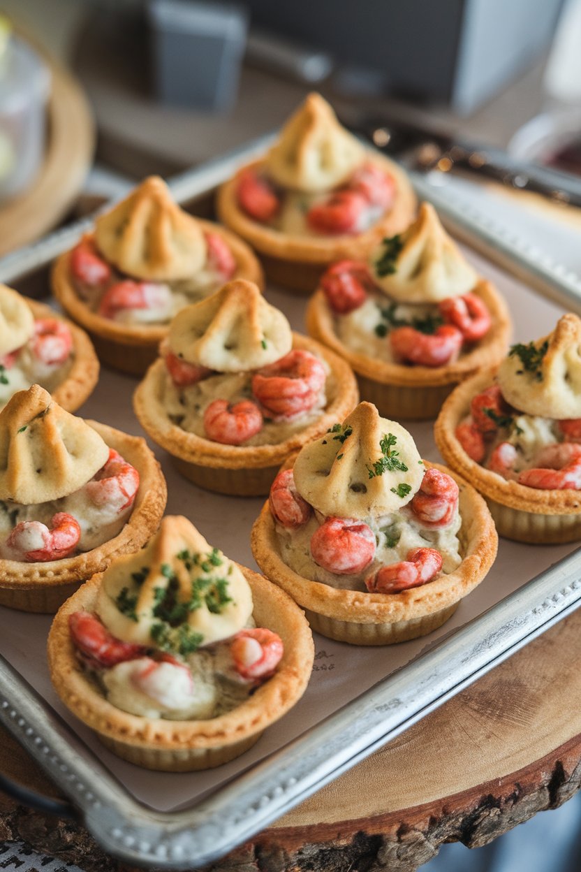 Indoor bakery tray featuring mini savory pies filled with creamy crawfish mixture, tops vented and golden. Photo, no text or logos.