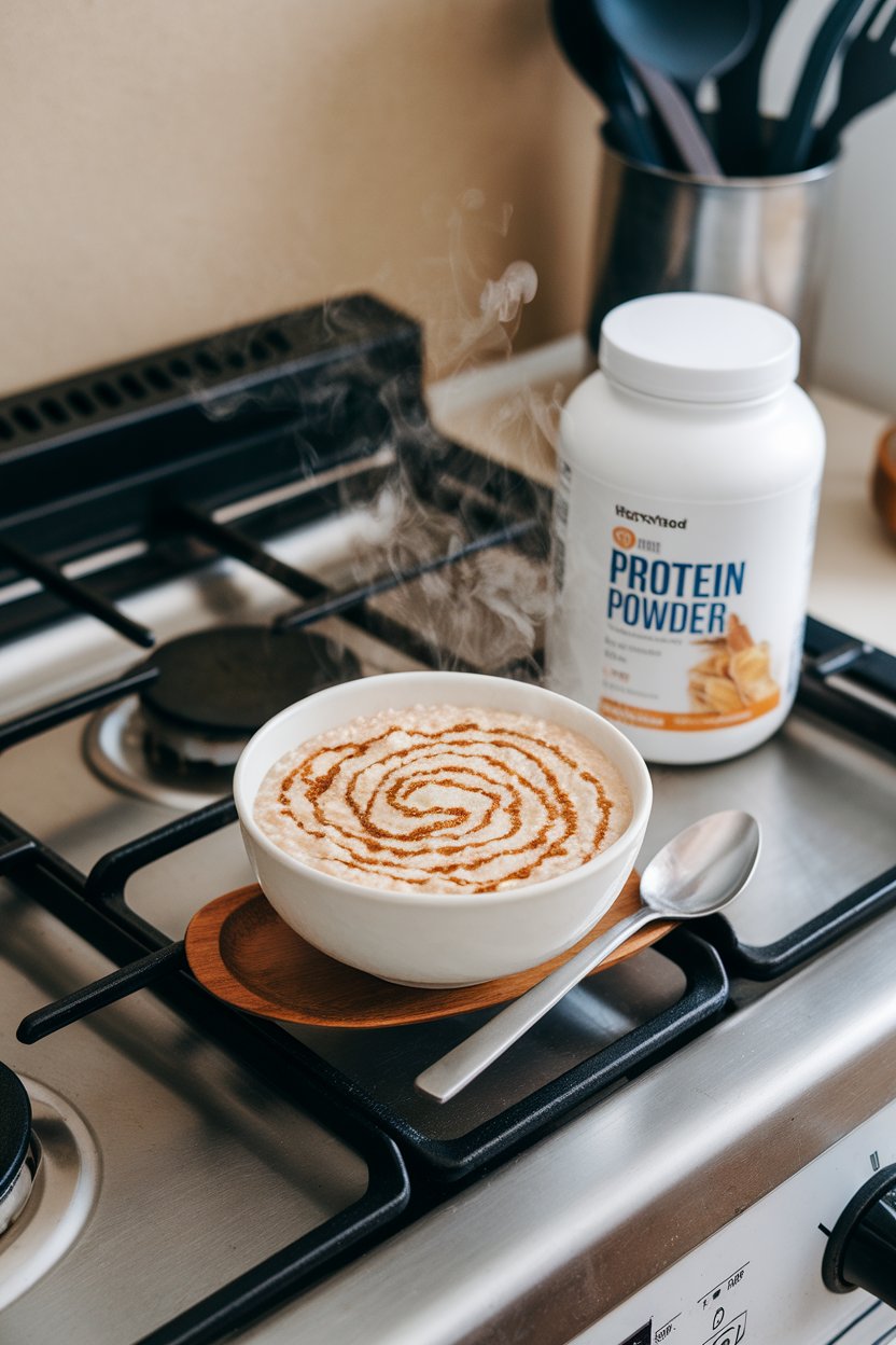 An indoor stovetop shot of a bowl of creamy oatmeal swirled with cinnamon and vanilla protein powder drizzle; no visible text or logos.