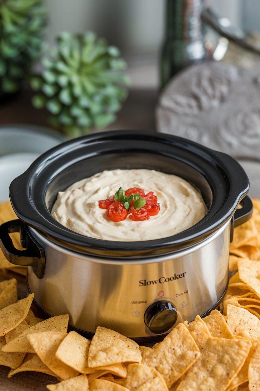Indoor shot of a small slow cooker filled with creamy white queso dip, surrounded by tortilla chips, no text or logos. Photo only.