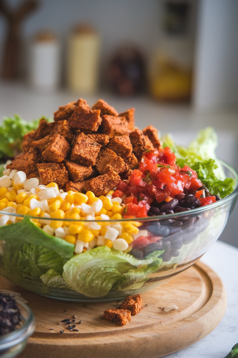 Photo of a large salad bowl with crumbled seasoned tempeh, romaine, corn, black beans, and salsa, photographed indoors. No text or logos.