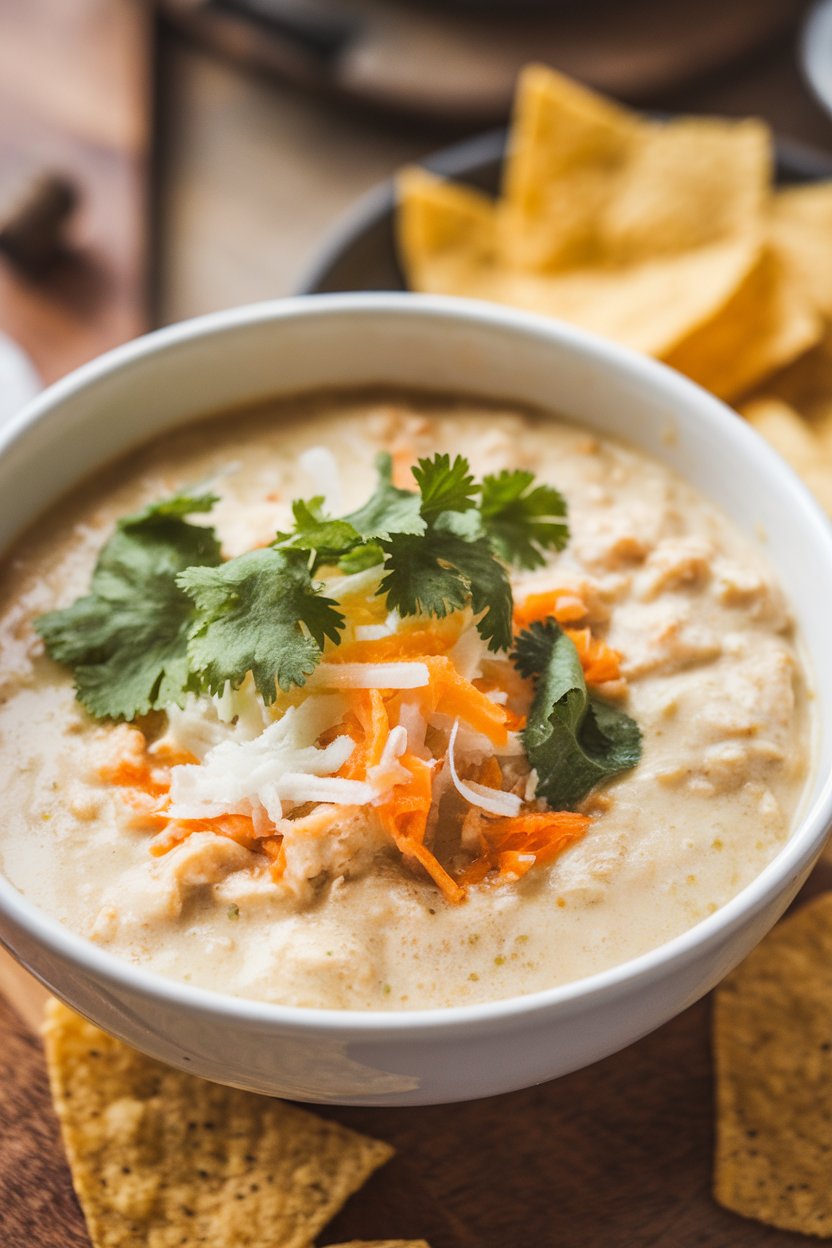 Indoor photo of a creamy bowl of white chicken chili topped with cilantro and shredded Monterey Jack. No text or logos.