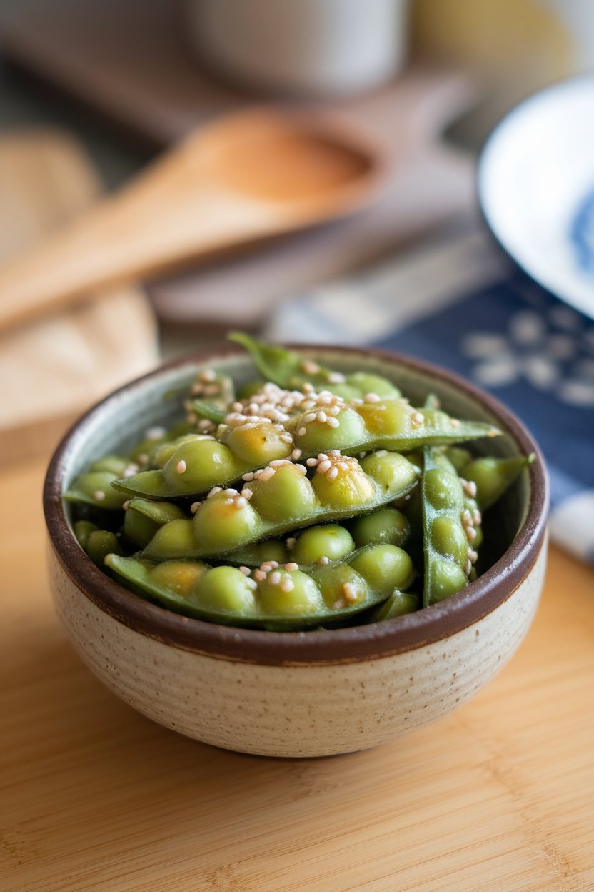 Indoor tabletop featuring a ceramic bowl of steamed edamame pods glistening with sesame oil and garlic, sprinkled with sesame seeds. No text or logos.