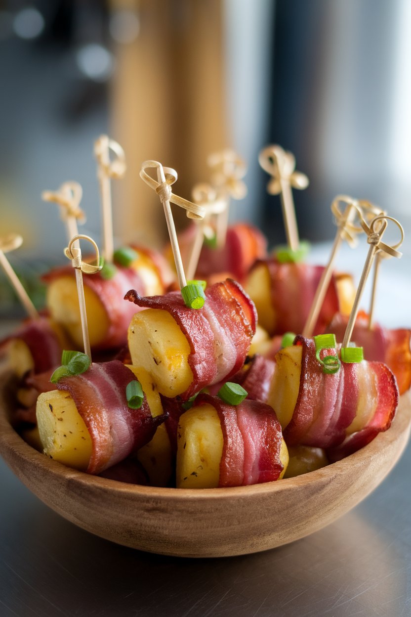 Indoor photo of bite-size potatoes wrapped in crisp bacon, skewered with cocktail picks, no text or logos