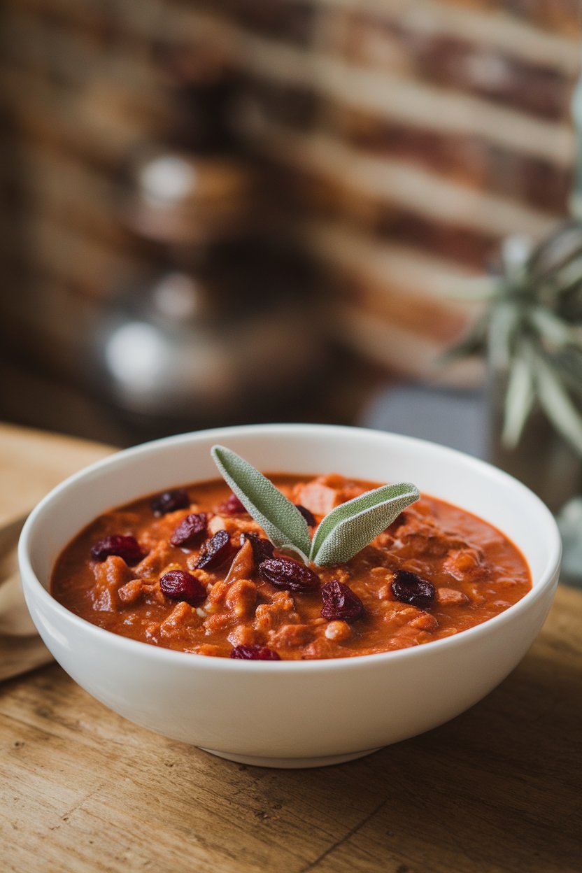 An indoor table showing a bowl of turkey chili speckled with dried cranberries, garnished with sage. No logos or text.