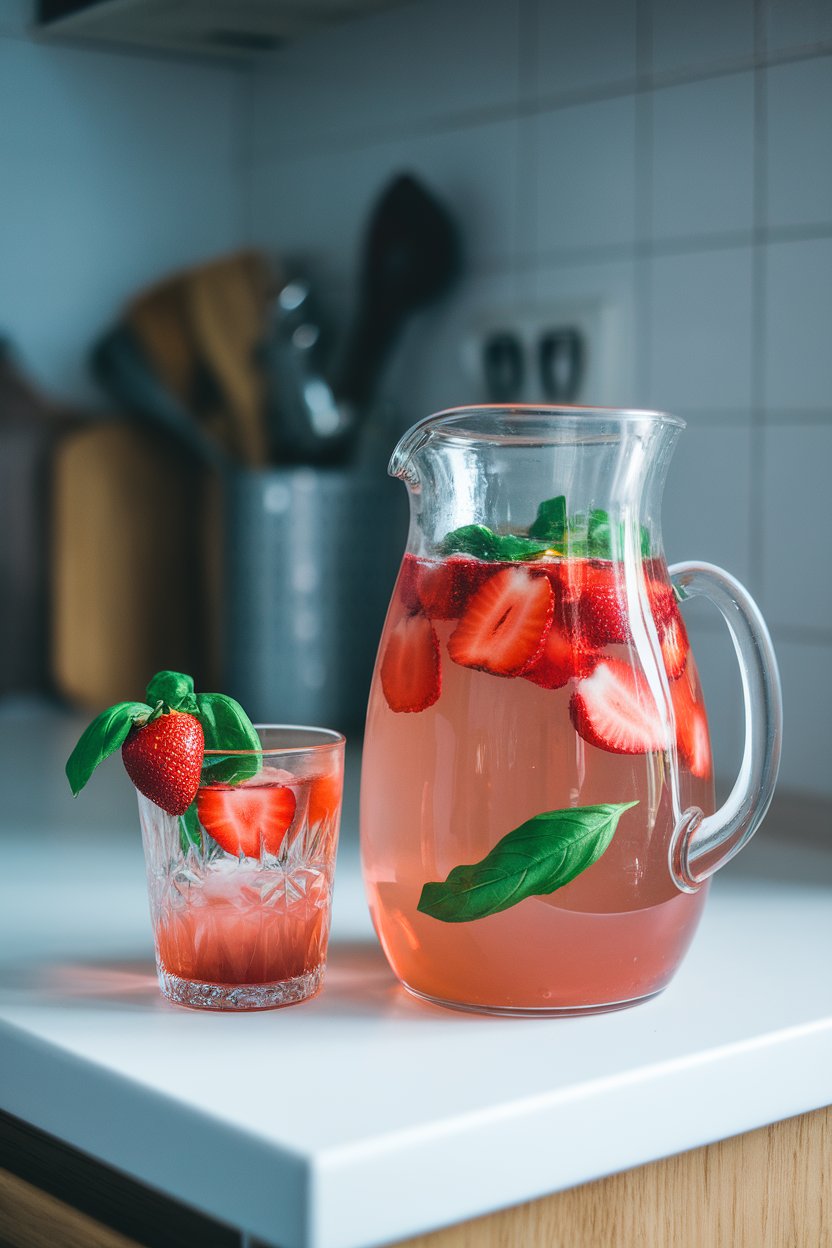 Indoor kitchen counter showing a pitcher of rosy lemonade with floating strawberry slices and basil leaves; photo, no text or logos.