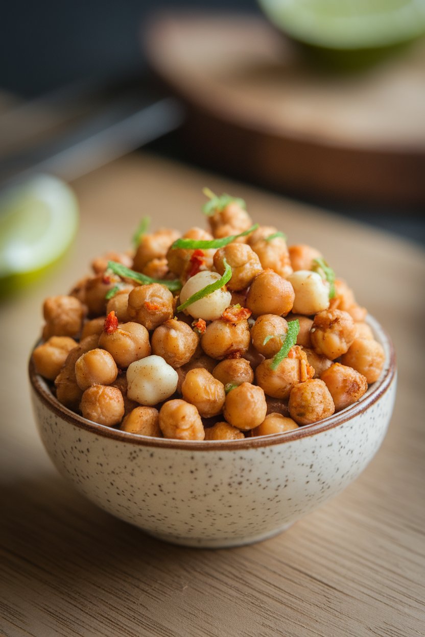 Indoor small bowl overflowing with crispy roasted chickpeas seasoned with chili and lime zest, no text or logos. Photo only.