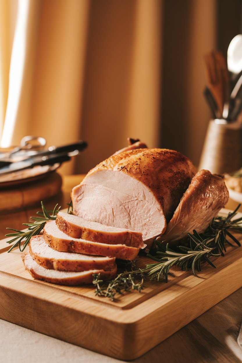 A warmly lit indoor carving board featuring slices of roasted turkey breast garnished with fresh rosemary and thyme sprigs. No text or logos anywhere.