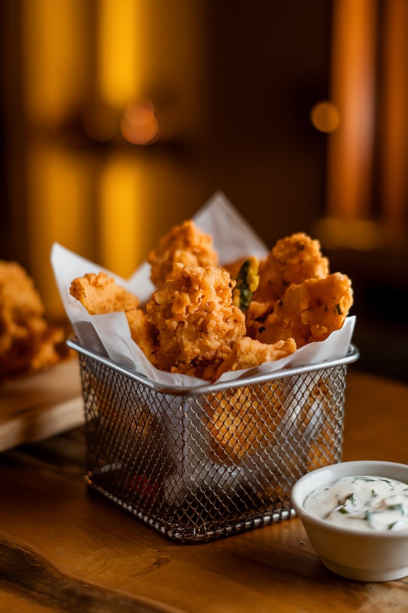 Indoor photo of crispy, battered pickle chips in a metal basket with a side of ranch dressing. Warm lighting, no text or logos.