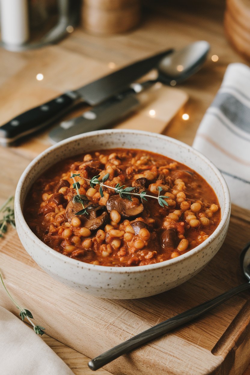 An indoor kitchen table featuring a bowl of hearty mushroom and barley chili, topped with a few thyme sprigs. No logos or text.