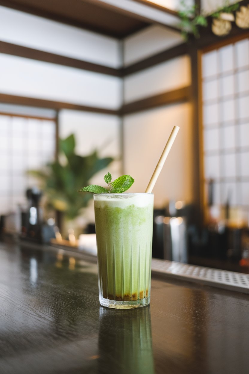 Indoor Japanese-inspired bar showing a tall glass of green matcha drink, muddled mint visible, bamboo straw. No text or logos.