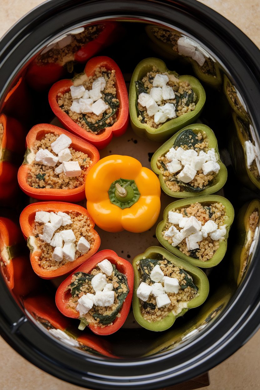 Indoor overhead shot of halved bell peppers filled with cooked quinoa, spinach, and crumbled feta, arranged in a slow cooker crock. No text or logos seen.