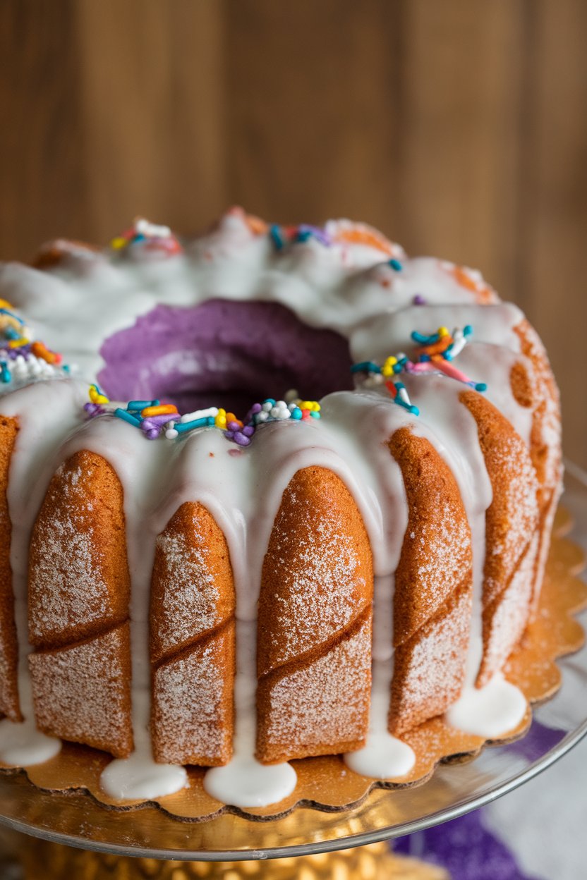 Indoor photo of a king cake made with almond-rice flour blend, iced and sugared; no text or logos.