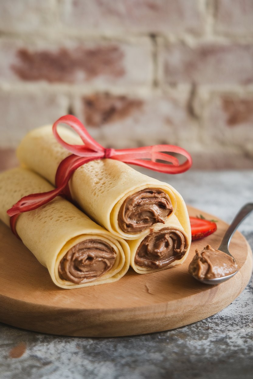 Indoor photo of rolled crêpes filled with hazelnut spread and tied with a thin strawberry strip like a ribbon, no text or logos