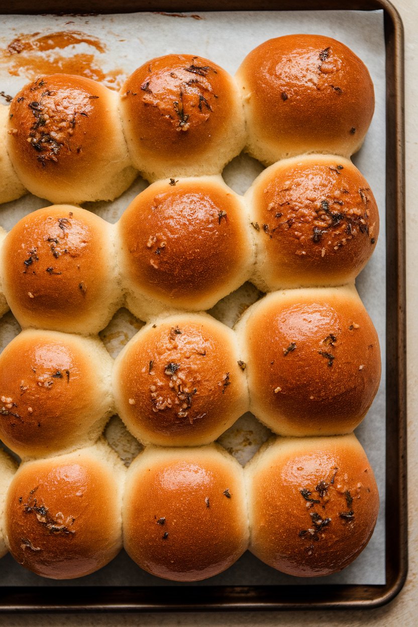 Indoor baking sheet filled with baked golden dinner rolls brushed with garlic herb butter. No text or logos.