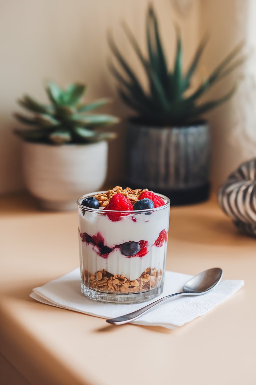 A softly lit indoor breakfast nook featuring a clear glass filled with layers of thick Greek yogurt, fresh mixed berries, and a sprinkle of granola on top. Spoon rests beside the glass on a plain white napkin. No text or logos visible. Photo, not illustration.