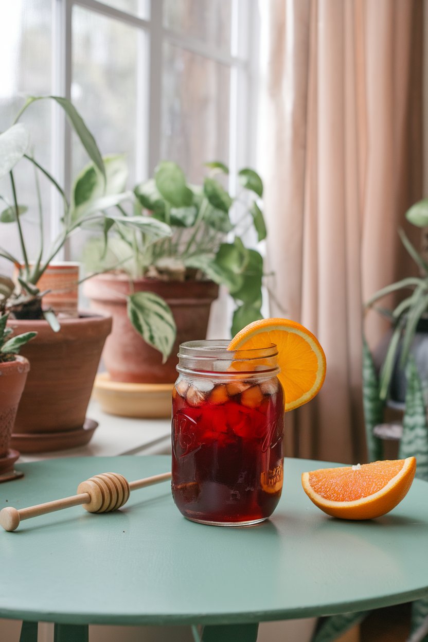 An indoor sunroom table with mason jar of deep-red iced tea, honey dipper nearby, slice of orange on rim; photo, not illustration; no text or logos.