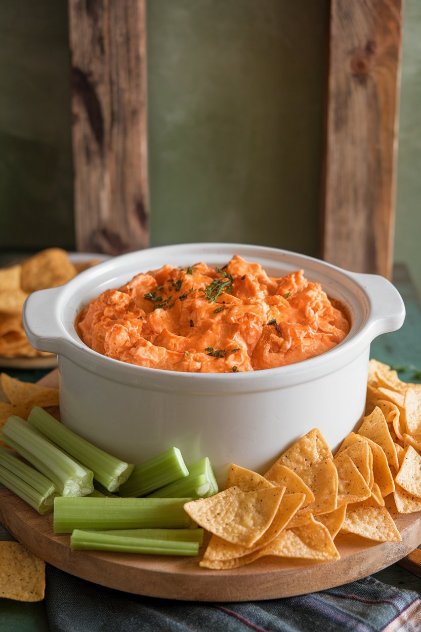 An indoor game-day spread with a bubbling crock of buffalo chicken dip, surrounded by celery sticks and tortilla chips. No text or logos. Photo.