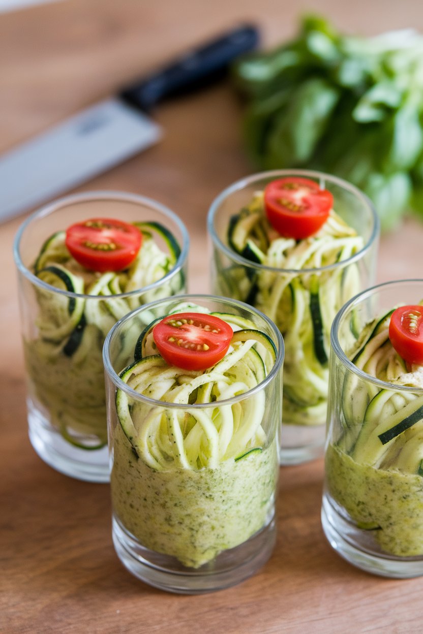Indoor photo of clear tumblers holding zucchini noodles tossed in basil pesto, cherry tomato halves on top. No text or logos.