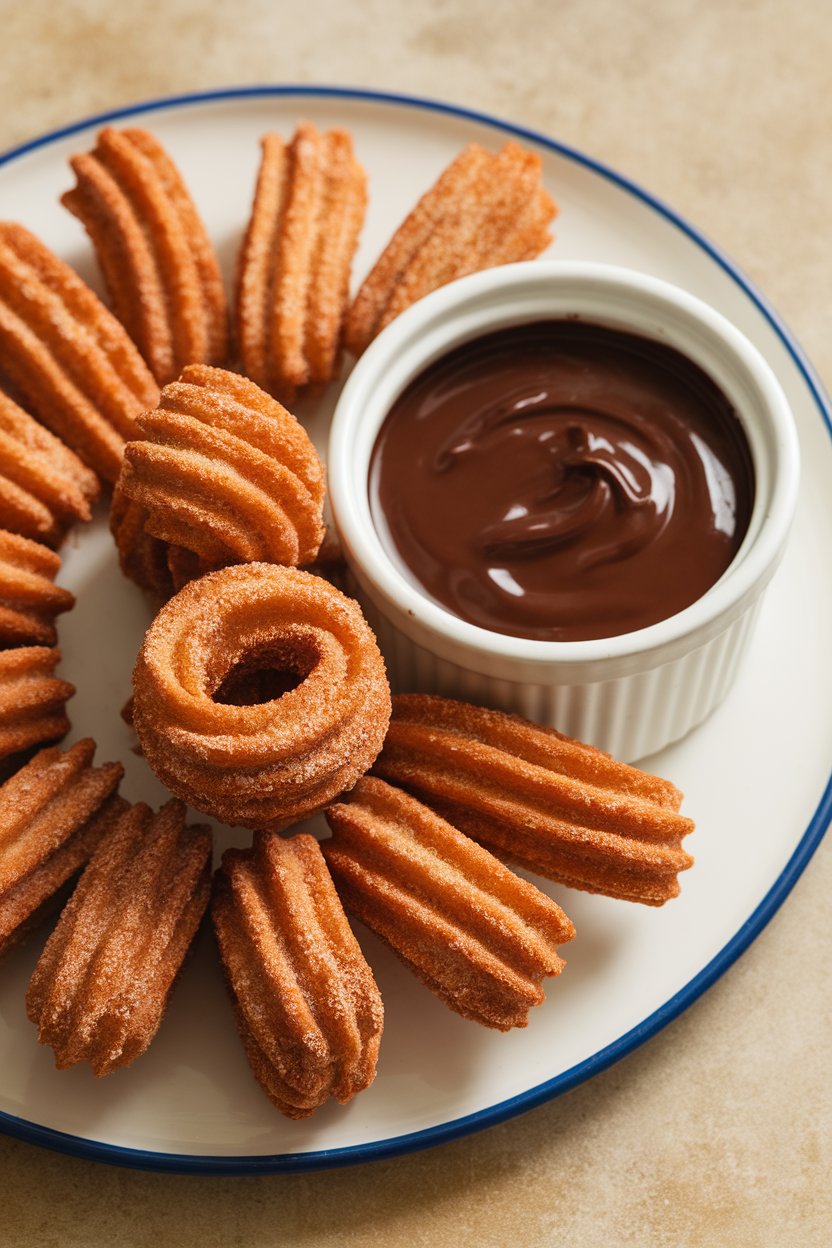An indoor plate of bite-size cinnamon-sugar churros with a ramekin of warm chocolate sauce—no text or logos. Photo, not illustration.