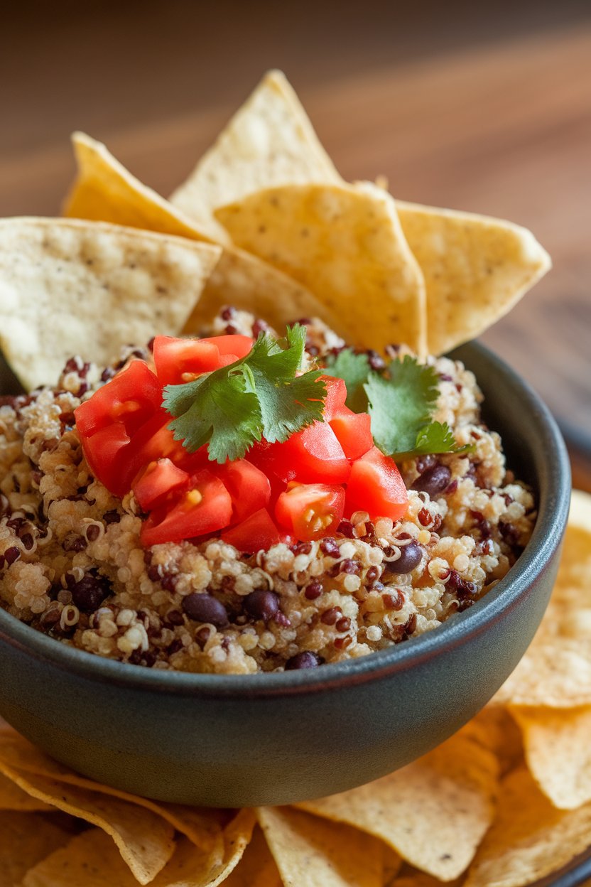 Photo prompt: Indoor bowl of hearty quinoa and black bean dip topped with diced tomatoes and cilantro, tortilla chips leaned on the rim. No text or logos. Photo, not illustration.