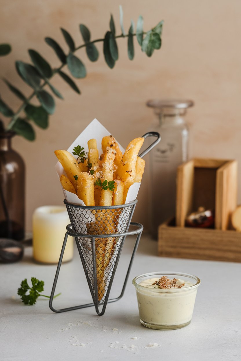 An indoor tabletop scene with a metal cone of thin fries dusted in Parmesan and dotted with parsley, small cup of truffle aioli alongside. No logos or text.