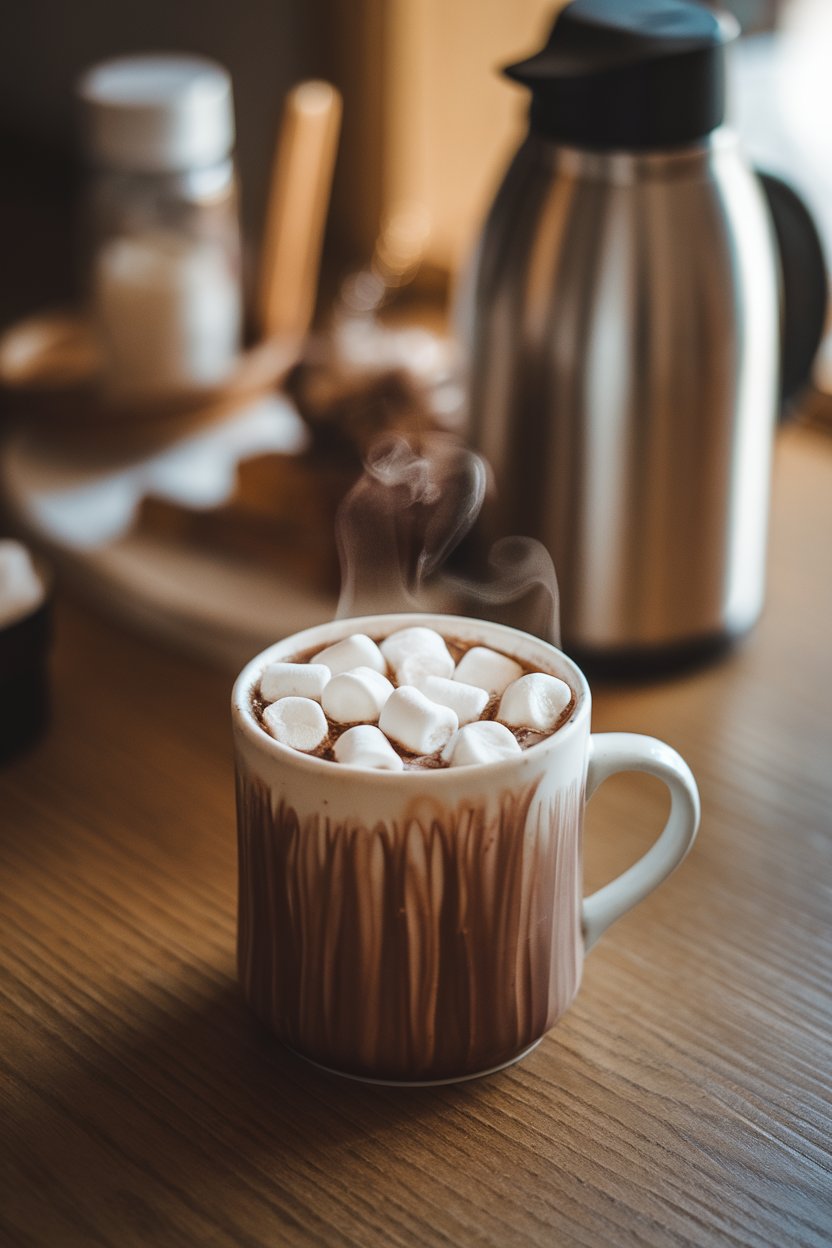 Indoor photo of a steaming mug of hot cocoa topped with mini marshmallows on a table, thermos in background; no text or logos.